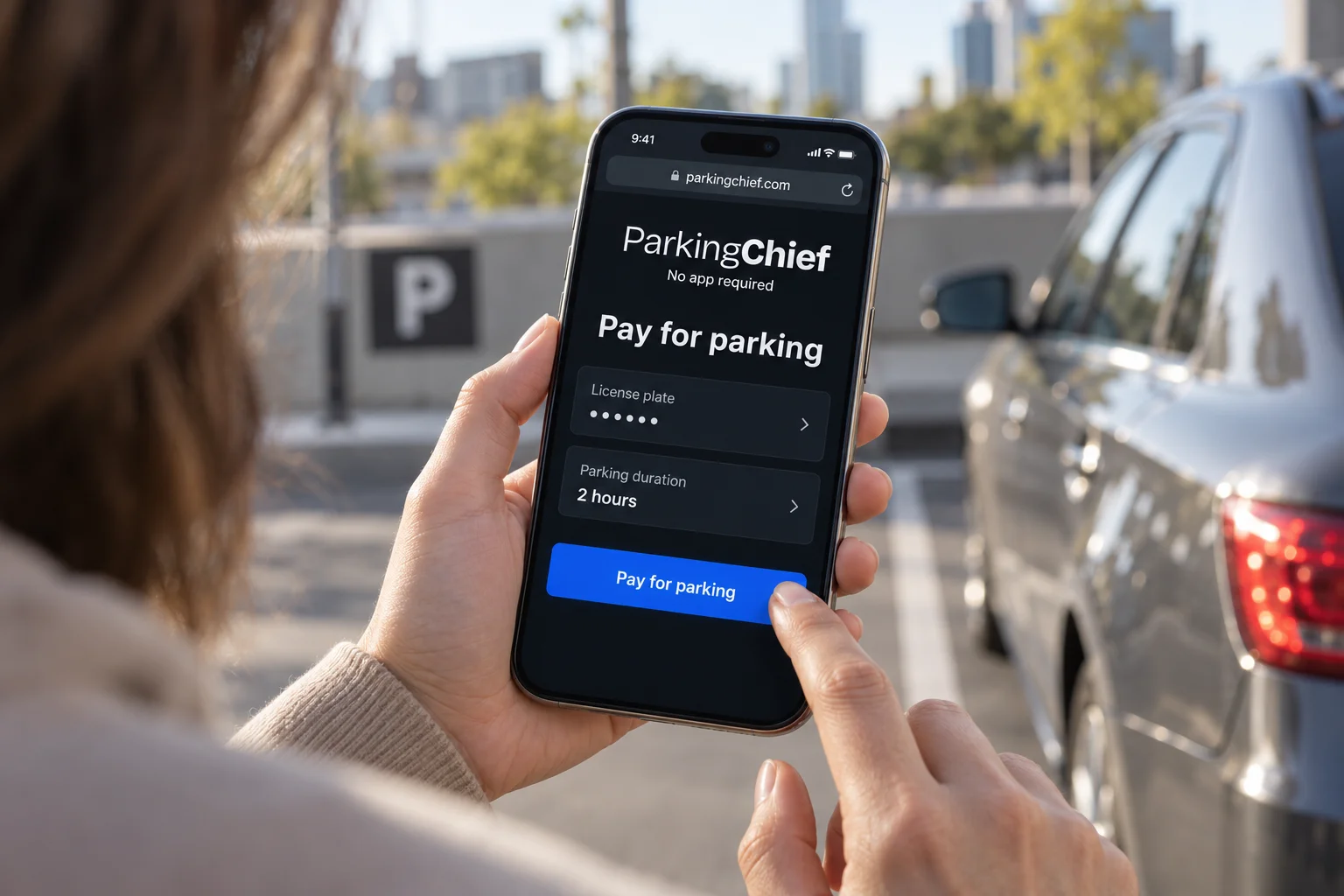 ParkingChief mobile parking checkout with license plate, parking duration and Pay for parking button