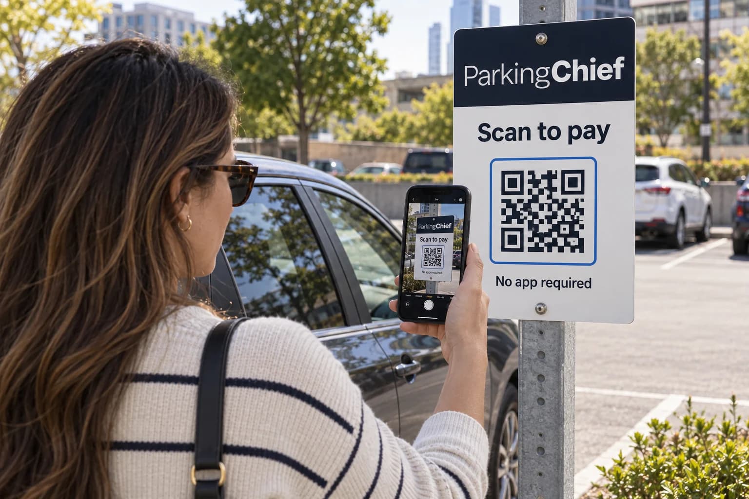 Driver scanning a ParkingChief Scan to pay sign with a phone beside a parked car