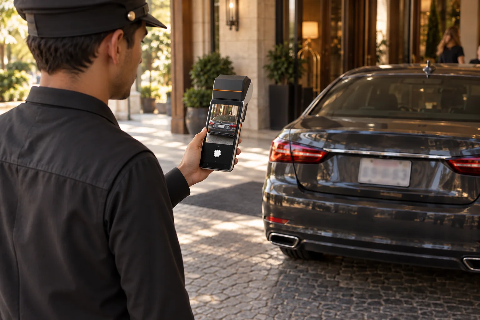 Valet attendant holding a printer-equipped handheld vertically in one hand to photograph a vehicle at check-in