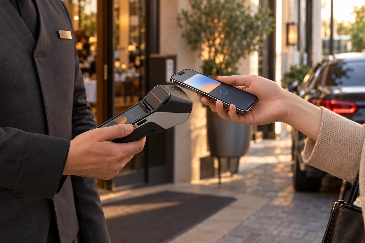 Guest tapping a phone on the handheld contactless reader while the terminal faces the valet attendant